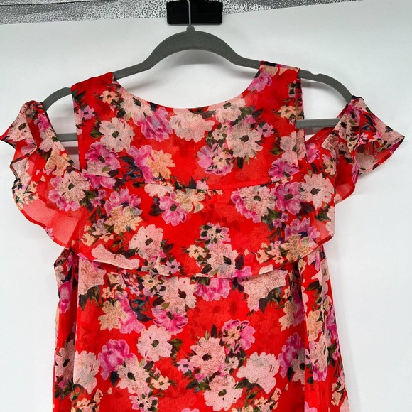 CAbi #5352 Top Blouse Sz Small Orange Floral Lush Cold Shoulder Ruffle V-Neck - Picture 4 of 8